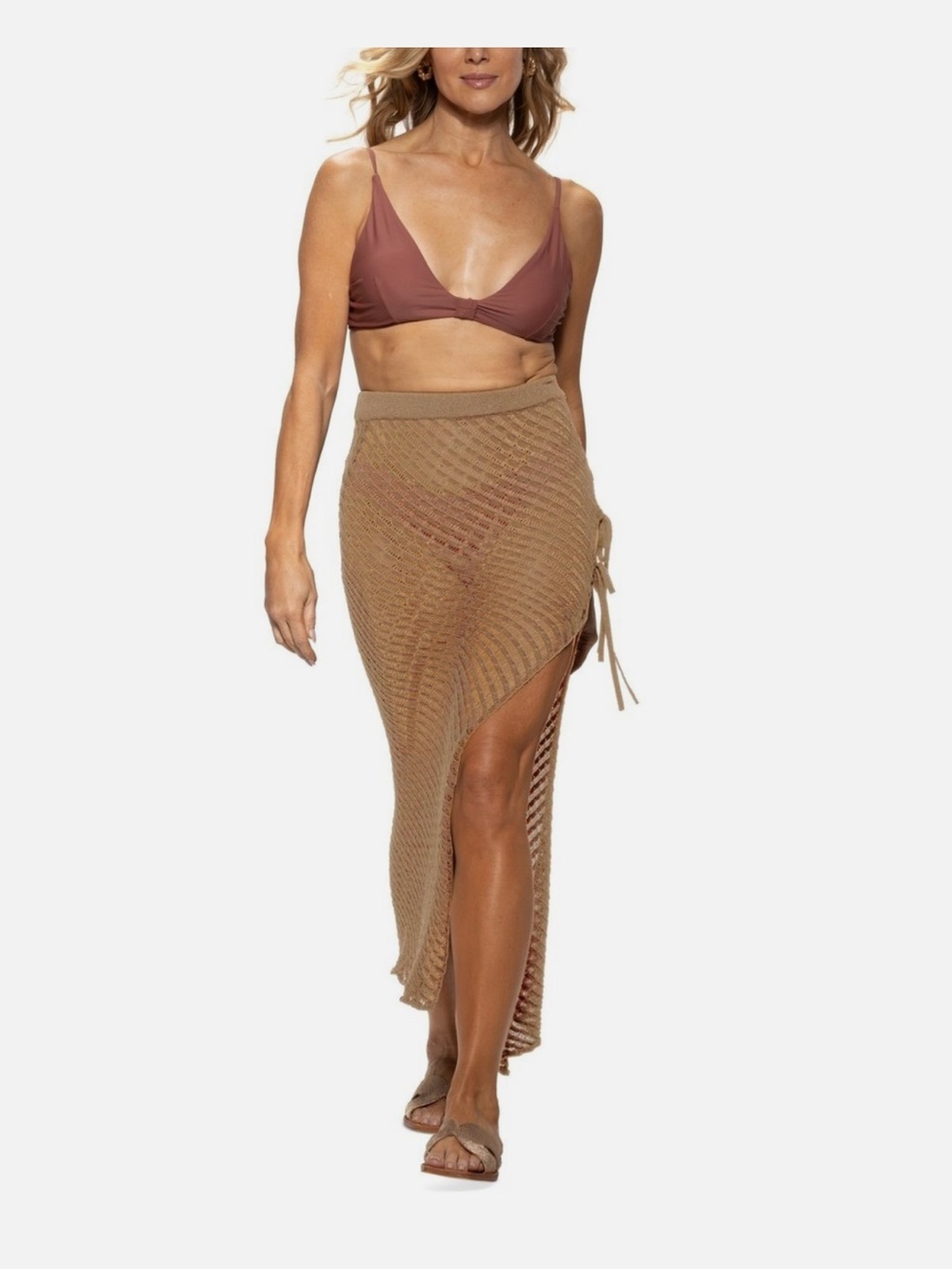 Dotti Tan Crochet Side-Tie Swim Coverup Skirt
